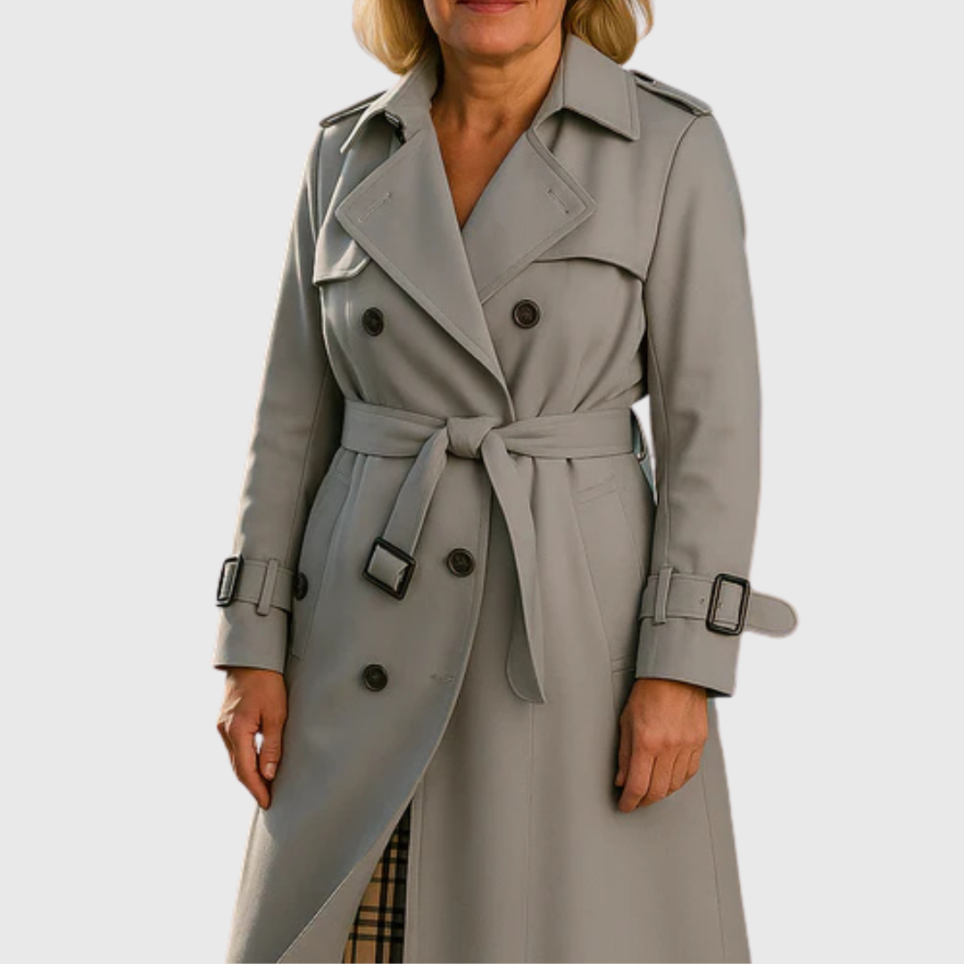 Women's classic belted trench coat, double-breasted & water-resistant, perfect for sophisticated style.