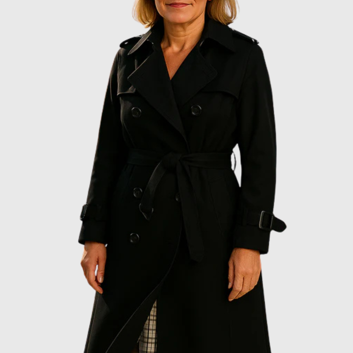 Everyday elegant women's double-breasted trench coat, belted for a flattering fit, water-resistant outerwear.