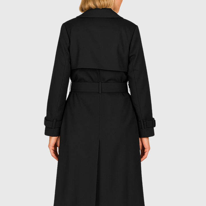 Stylish women's belted water-resistant trench coat, double-breasted design for a classic, chic look.