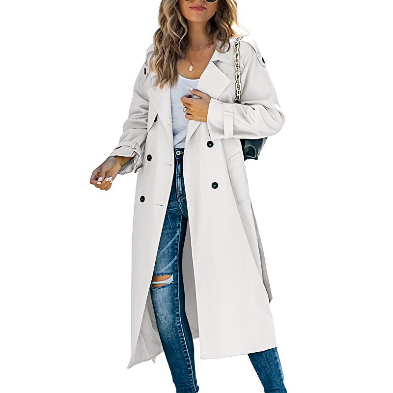 Classic women's belted trench coat, elegant long outerwear for fall and spring, versatile fashion jacket.