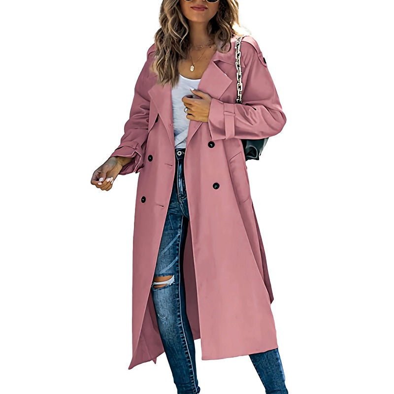 Slim fit women's trench coat, chic long jacket with belt, perfect for elegant formal or casual occasions.