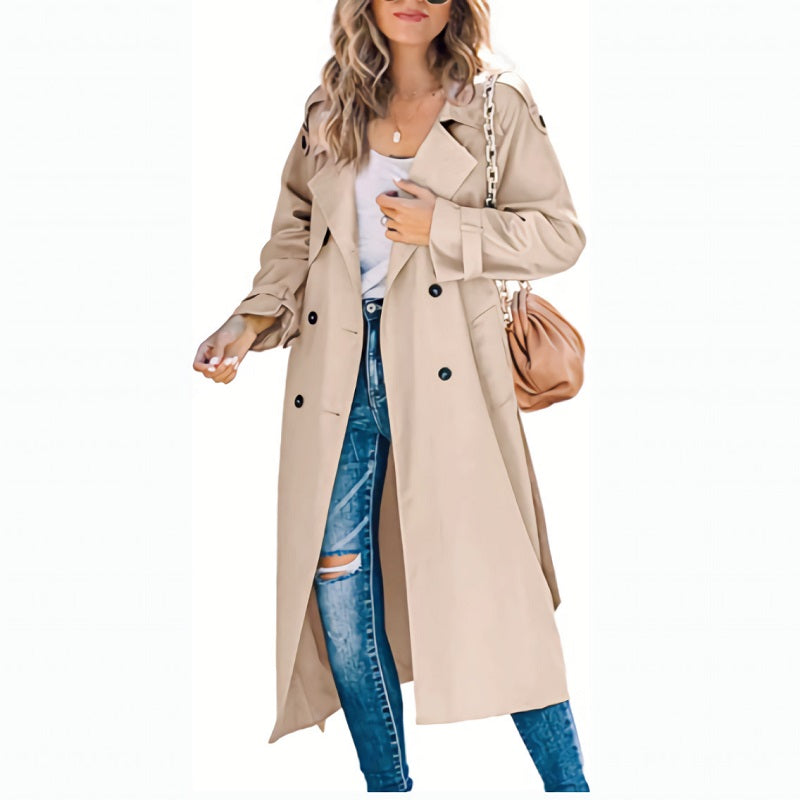 Versatile women's trench coat, ideal long outerwear for fall, winter & spring, effortlessly chic & elegant.