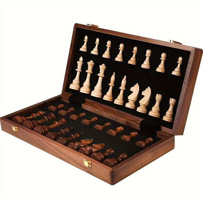 Classic wooden chess set with full board, carved pieces, and extra figures for enhanced strategy game nights.