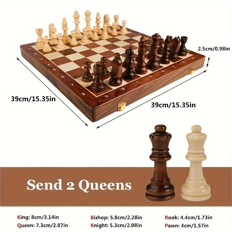 Beautifully crafted wooden chess set, featuring a folding board and hand-carved chess figures, perfect for intellectual play.