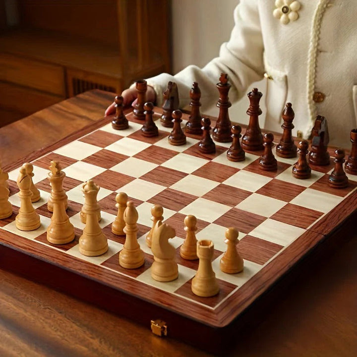 Full classic wooden chess set with a large board, traditional chess figures, and extra pieces to elevate any chess game.