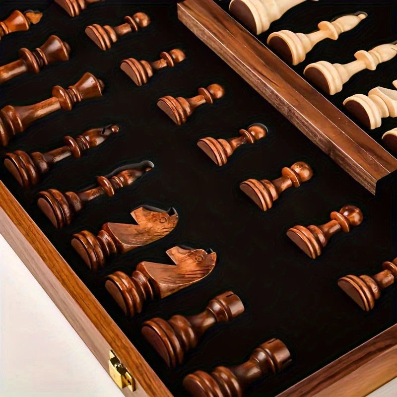 Detailed close-up of the wooden chess pieces on a classic board, ready for an engaging strategy game night.