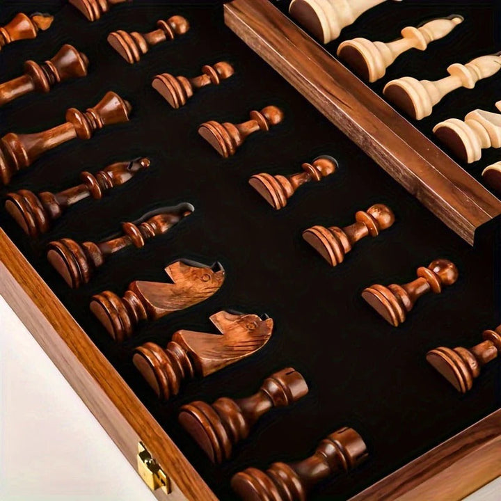 Detailed close-up of the wooden chess pieces on a classic board, ready for an engaging strategy game night.
