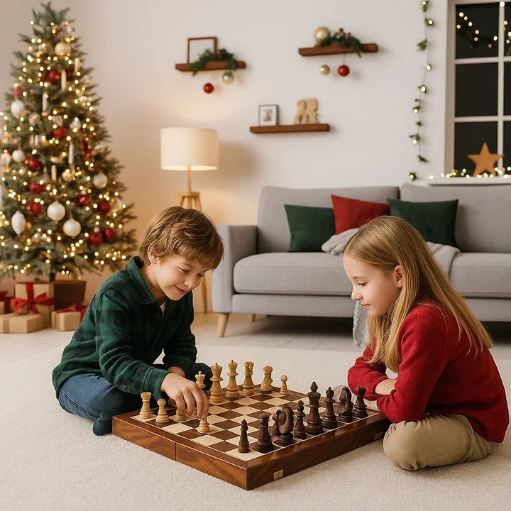 Classic wooden chess set with hand-carved pieces on a beautiful foldable walnut board. Ideal strategy game.