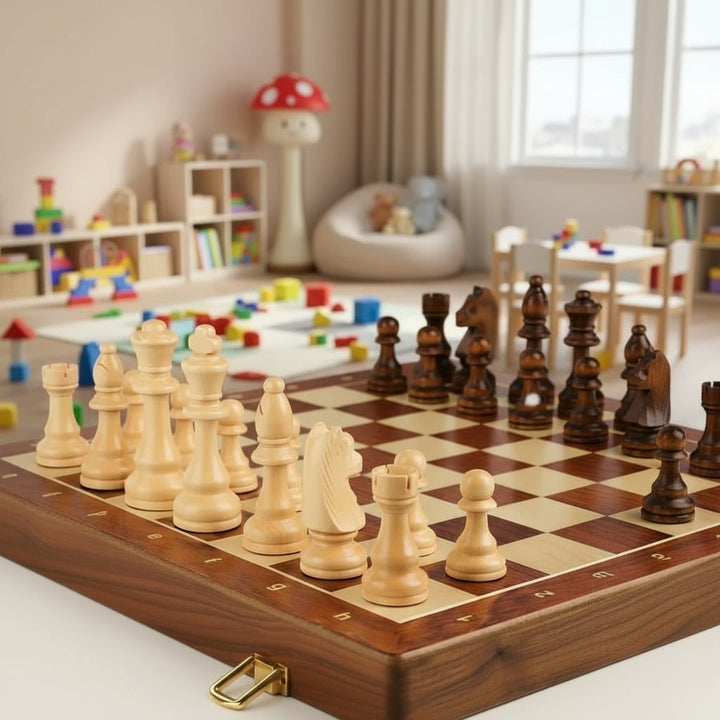 A complete classic wooden chess set with a durable foldable walnut board, perfect for strategy game enthusiasts.