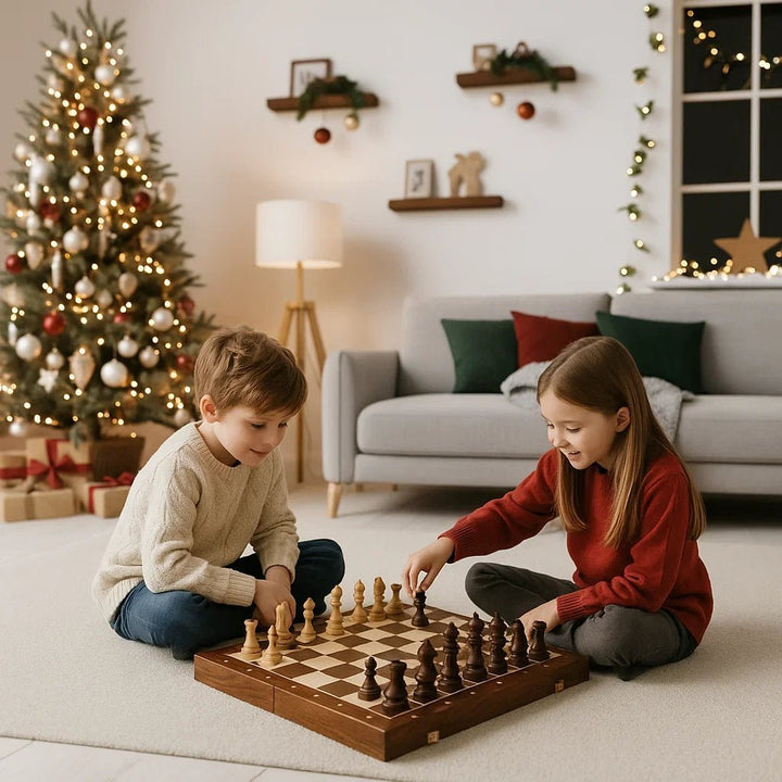 Premium foldable wooden chess set, perfect for travel. Features elegant walnut wood board & finely crafted pieces.