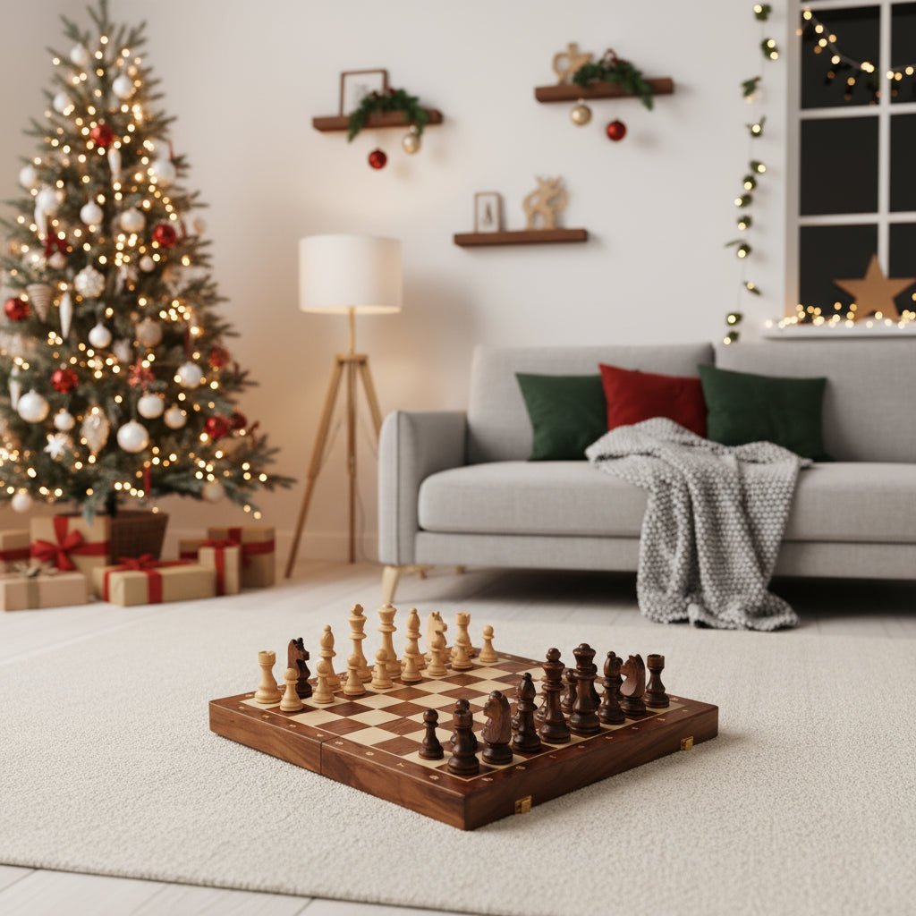 Elegant walnut wood chess set with a foldable board & weighted wooden pieces. A classic strategy board game.