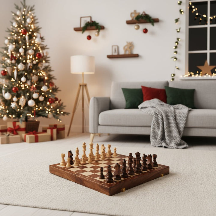 Elegant walnut wood chess set with a foldable board & weighted wooden pieces. A classic strategy board game.