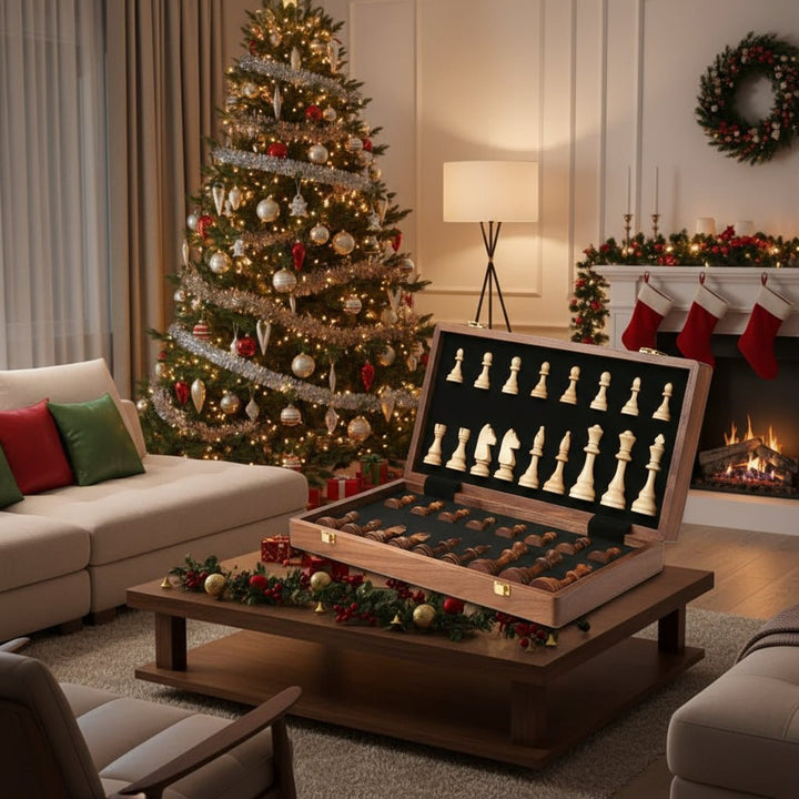 Luxury wooden chess set, a perfect gift. Features a foldable walnut board and expertly carved wooden chess pieces.