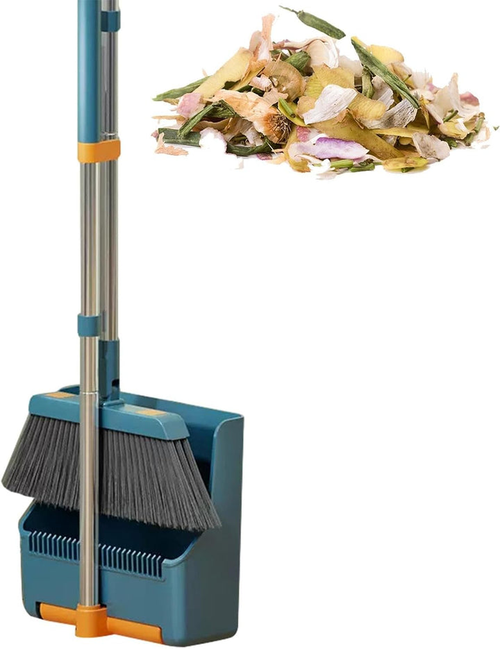 Household cleaning tool: Clavira long handle broom with rotating head and large dustpan