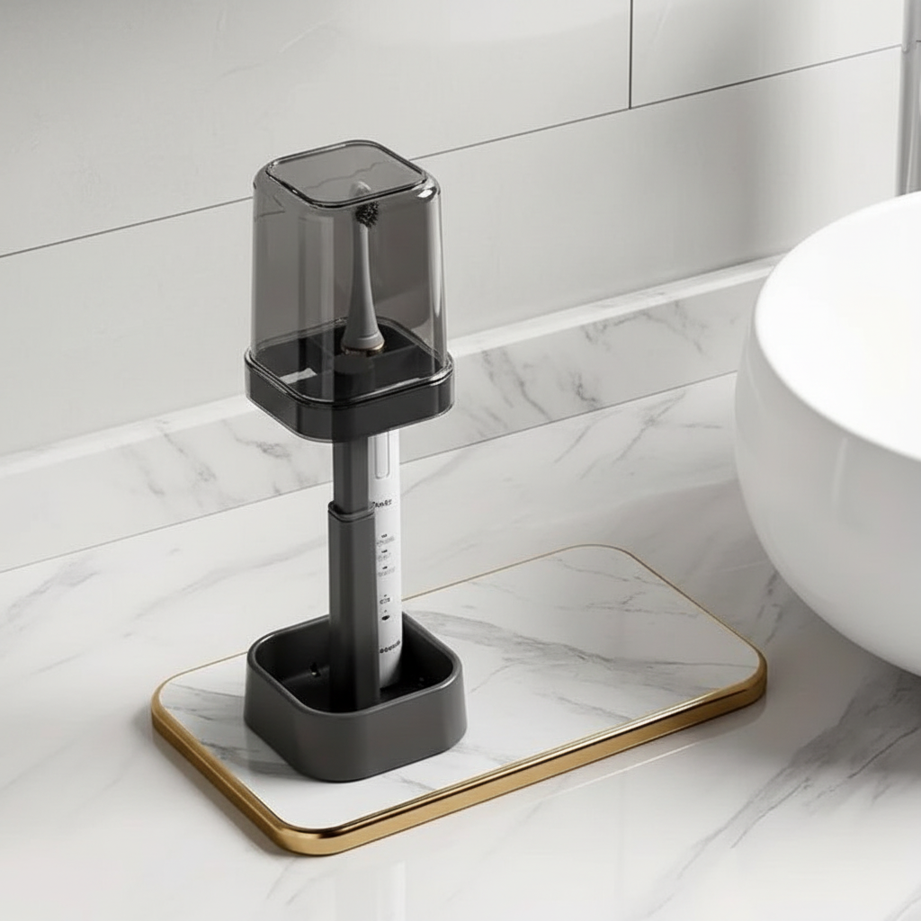 CleanHold hygienic toothbrush holder in white plastic, mounted on bathroom wall