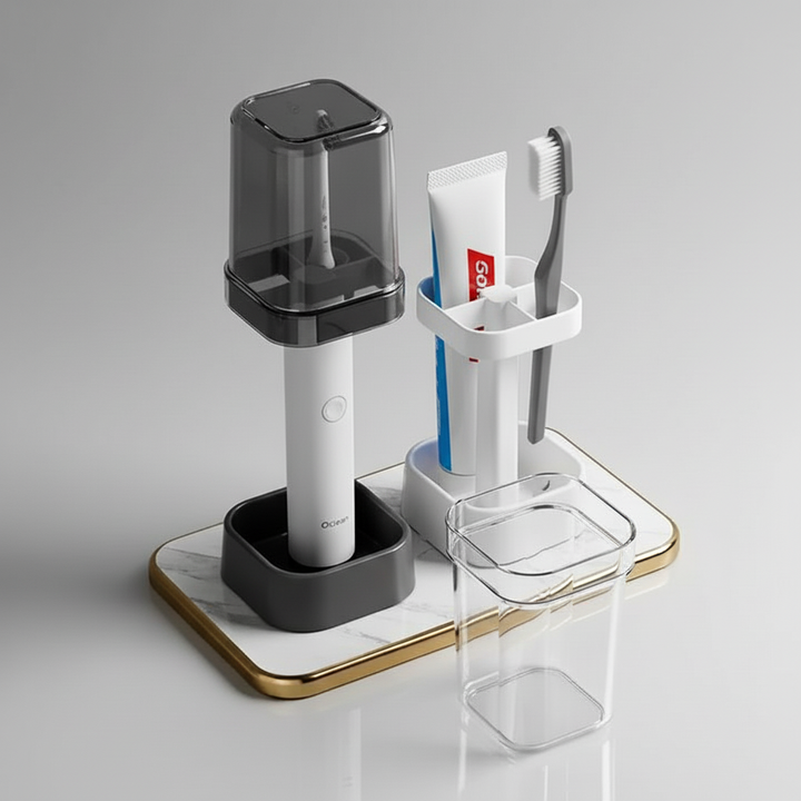 Close-up of CleanHold hygienic toothbrush holder, showing individual brush slots for hygiene