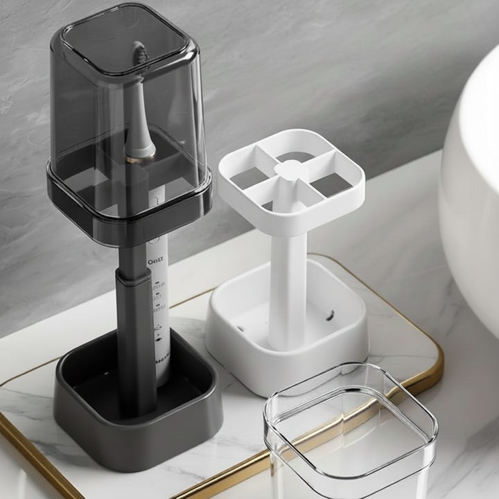 Bathroom setup featuring the CleanHold hygienic toothbrush holder organizing multiple toothbrushes
