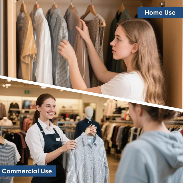 Transparent plastic clothes covers, 50-pack, for wardrobe organization & dust-free garment protection.