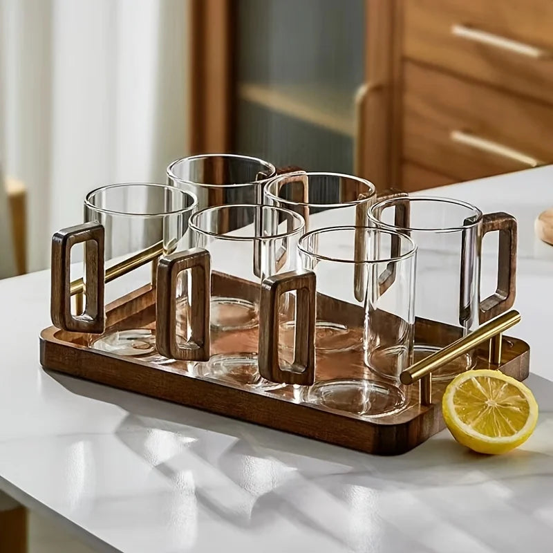Durable smoke gray borosilicate glass mug featuring a distinctive wooden handle for daily use.