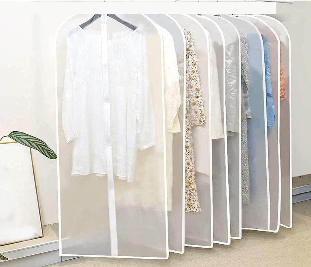 Transparent PEVA garment bags, 10-pack, protecting clothes from dust, moths, and moisture. Closet essentials.