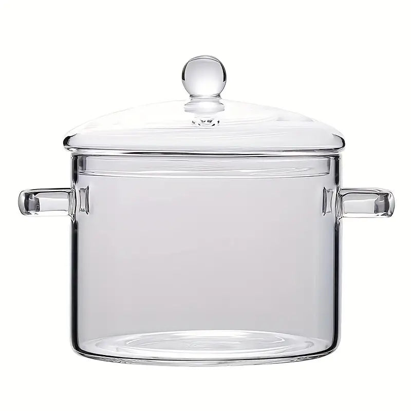 Heat-resistant transparent glass stew pot, durable kitchenware for healthy home cooking and serving.