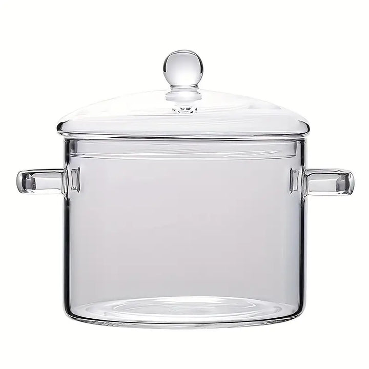 Heat-resistant transparent glass stew pot, durable kitchenware for healthy home cooking and serving.