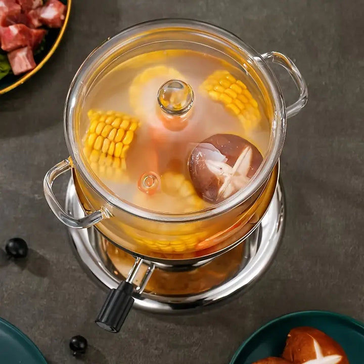 Modern clear glass cookware for simmering hearty stews, broths, and other home-cooked culinary dishes.