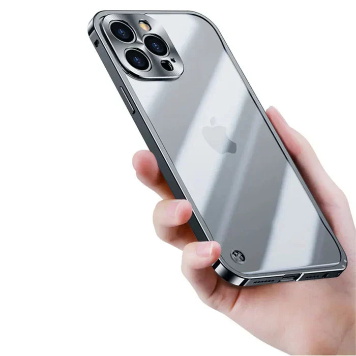 iPhone 15 with a minimalist clear MagSafe case, featuring SteelGuard advanced protection.