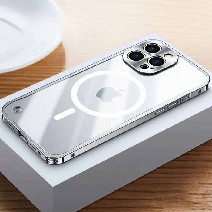 Durable clear MagSafe protective case on an iPhone 15, featuring SteelGuard edge reinforcement.