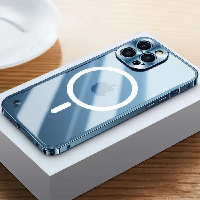 Transparent MagSafe iPhone 15 case, displaying device's color and SteelGuard drop protection.