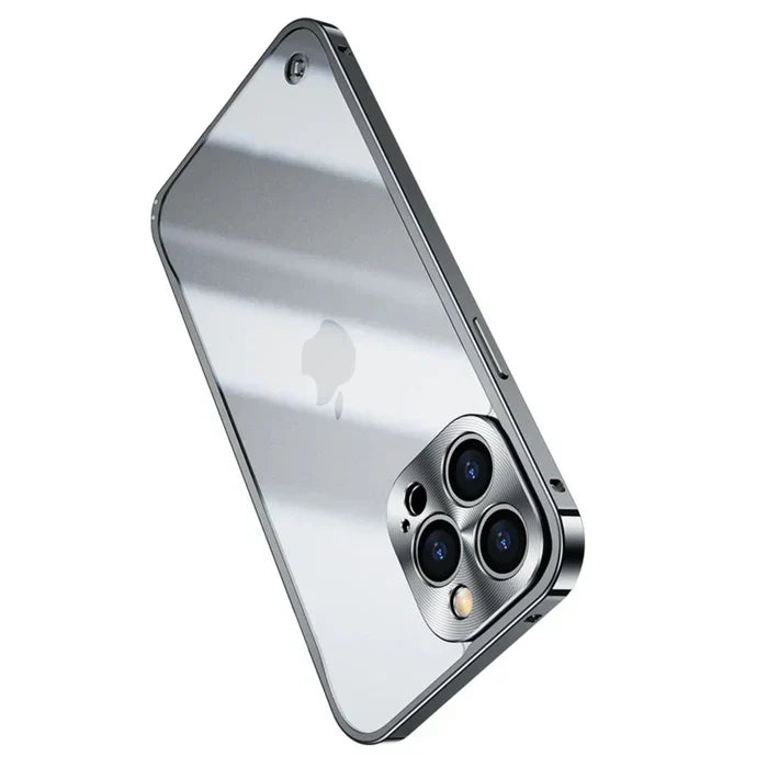 Back view of iPhone 15 in a transparent MagSafe case, emphasizing SteelGuard's secure fit.