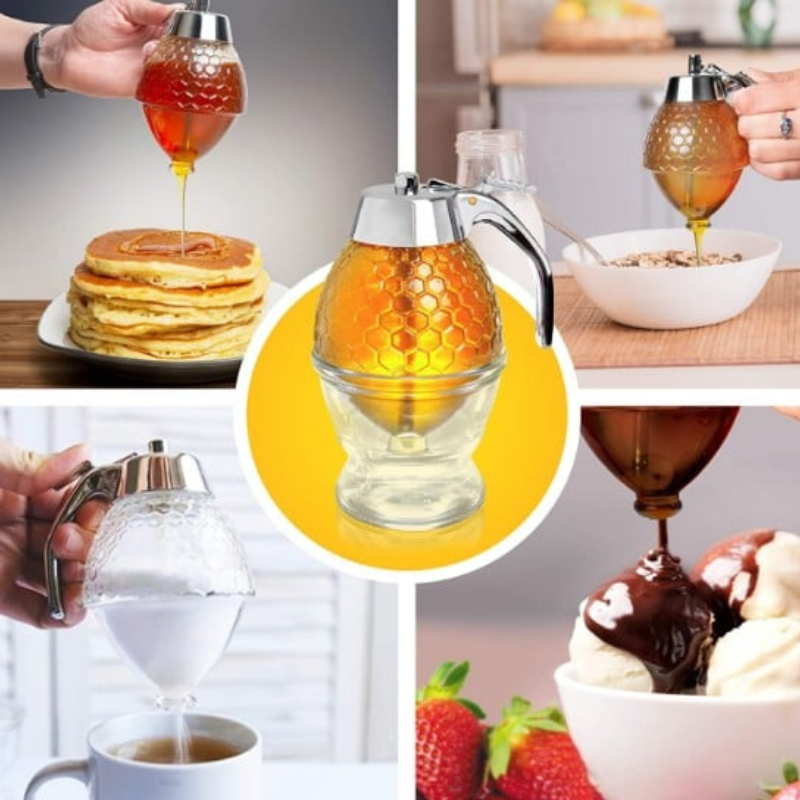 Stylish clear plastic honey & syrup dispenser with stand, a practical kitchen tool for condiments, baking & breakfast.