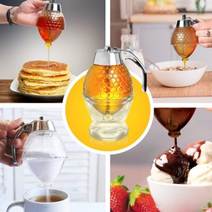 Stylish clear plastic honey & syrup dispenser with stand, a practical kitchen tool for condiments, baking & breakfast.