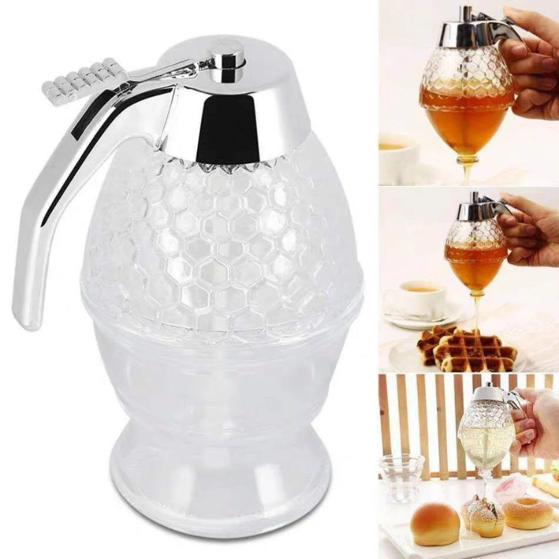Elegant clear plastic honey dispenser with stand, a simple yet effective drip-free syrup server for any kitchen.