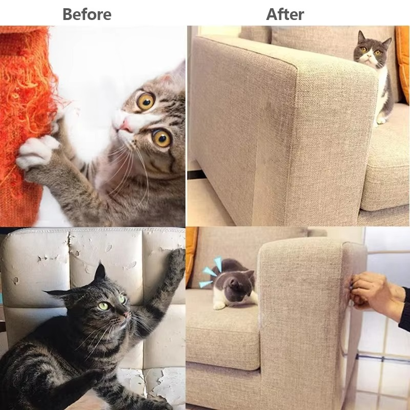 Durable clear pet scratch shield protecting sofa corners and upholstery from cat claws.