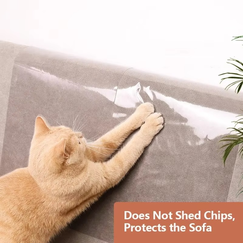 Clear self-adhesive cat furniture protector shield for sofas, preventing cat scratches on upholstery.