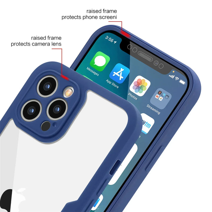 Full-coverage clear phone case offering shockproof protection and integrated lens/screen guard