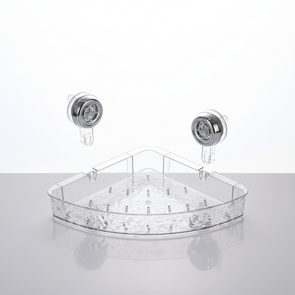 Transparent OrganizeGrip shower caddy, ideal for kitchen organization, adheres to walls without drilling.