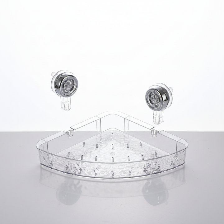 Transparent OrganizeGrip shower caddy, ideal for kitchen organization, adheres to walls without drilling.