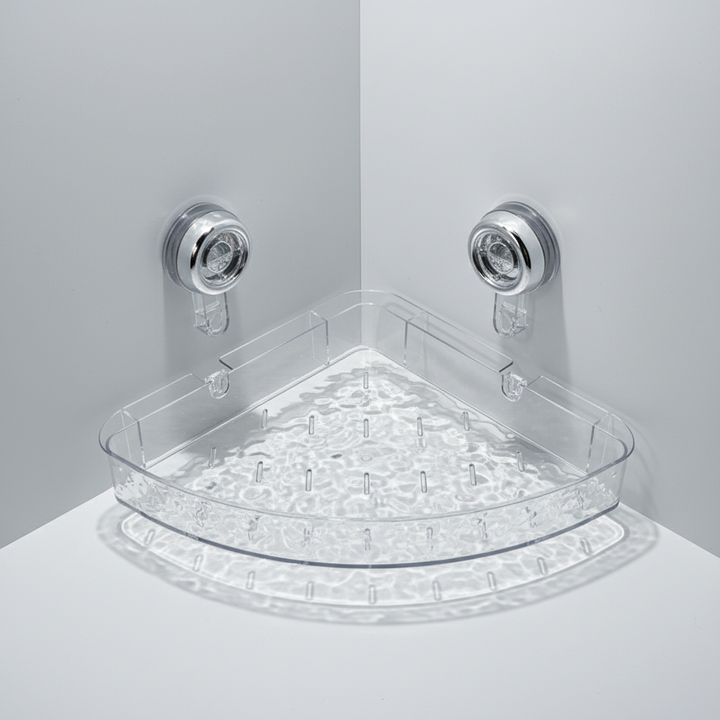 Drill-free clear storage solution for toiletries, a versatile wall organizer for home organization.