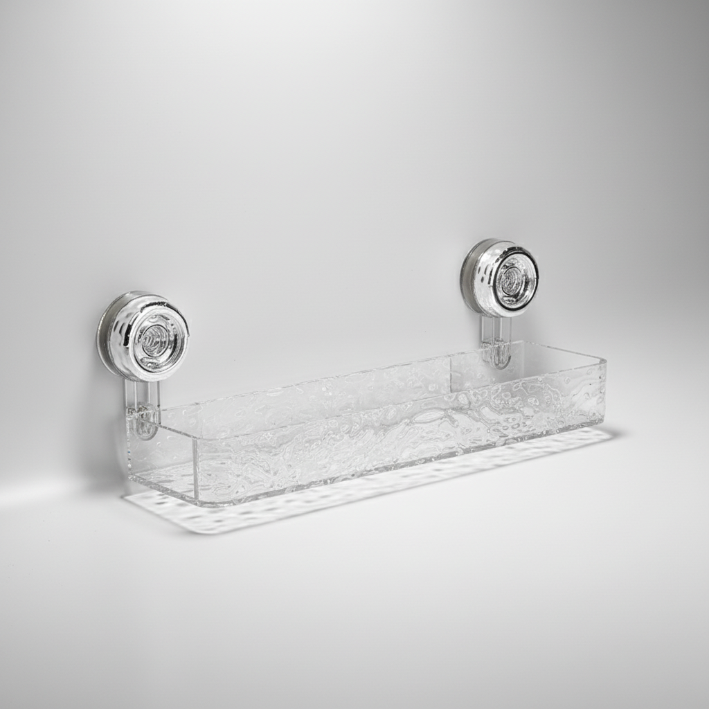 Compact clear wall-mounted caddy with powerful suction, enhancing kitchen and bathroom space.