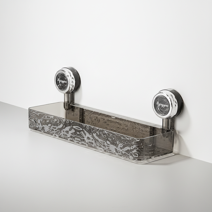 Multi-purpose transparent organizer for shower or kitchen, no tools needed for installation.