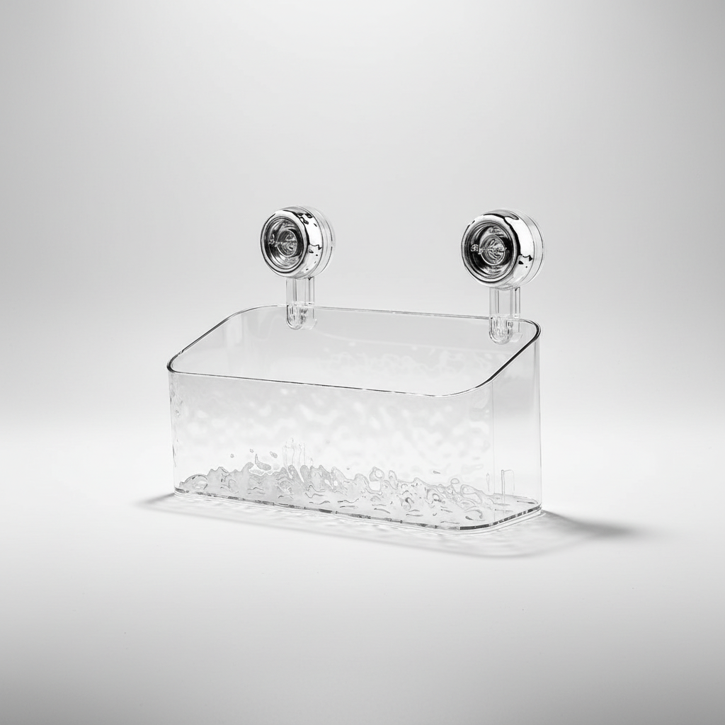 Sleek clear suction wall organizer, optimal for decluttering damp spaces like bathrooms and kitchens.