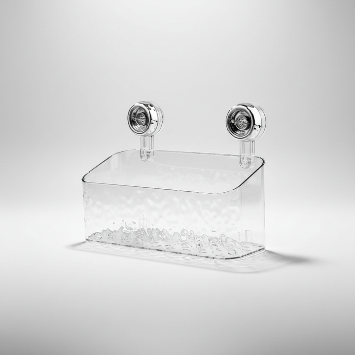 Sleek clear suction wall organizer, optimal for decluttering damp spaces like bathrooms and kitchens.
