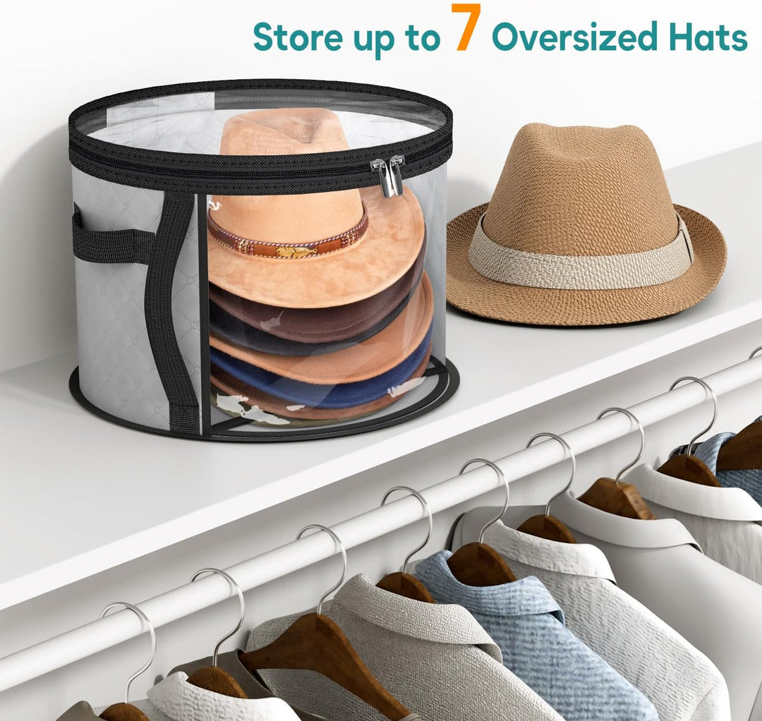 Portable wide-brim hat travel case, clear view organizer protects hats from dust and damage on the go.