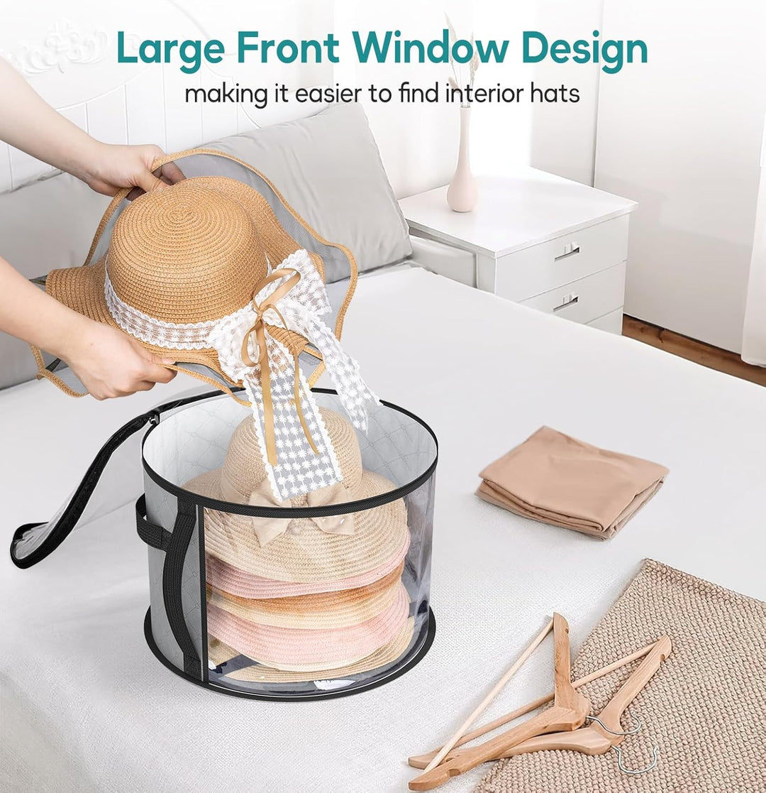 Unisex wide-brim hat organizer for home storage. Clear case keeps fedoras & sun hats dust-free in closet.