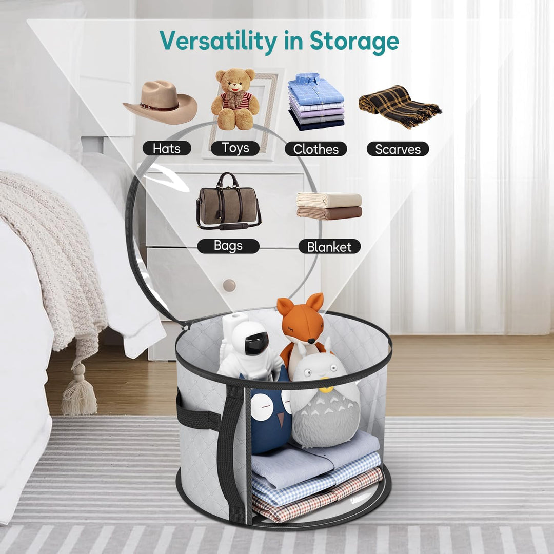 Unisex wide-brim hat storage case. Clear organizer protects hats from dust, ideal for closet & travel.