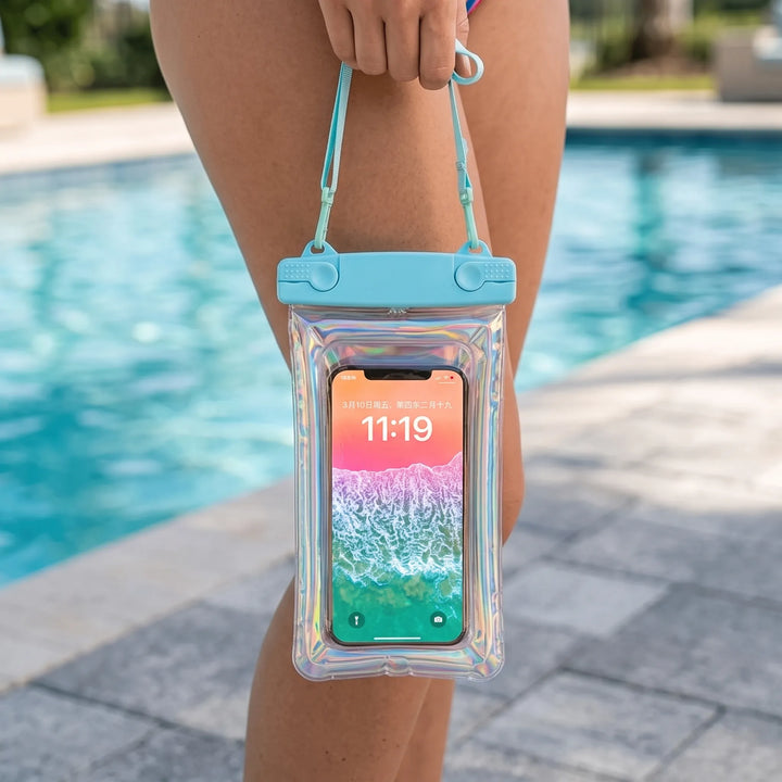 Clear waterproof phone pouch for beach & pool; protects phone from water, sand, & dirt.