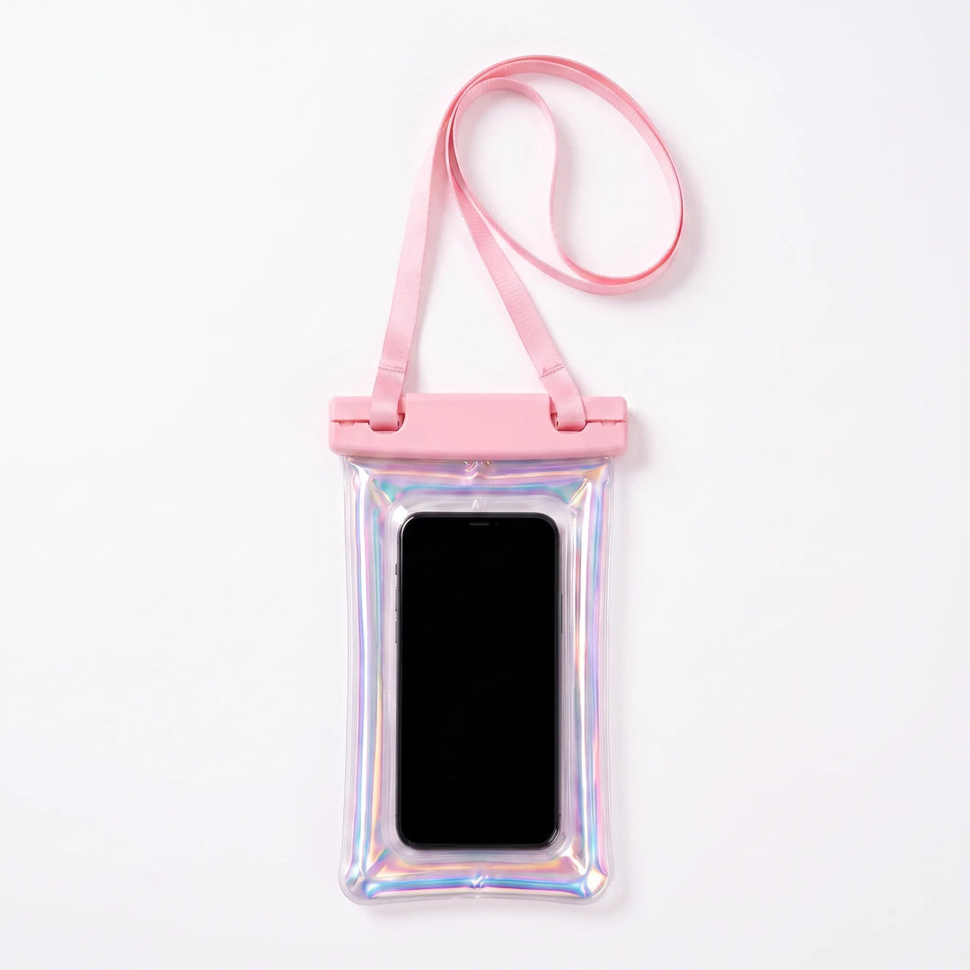 Touchscreen-friendly clear phone bag with neck strap for water resistant outdoor use.