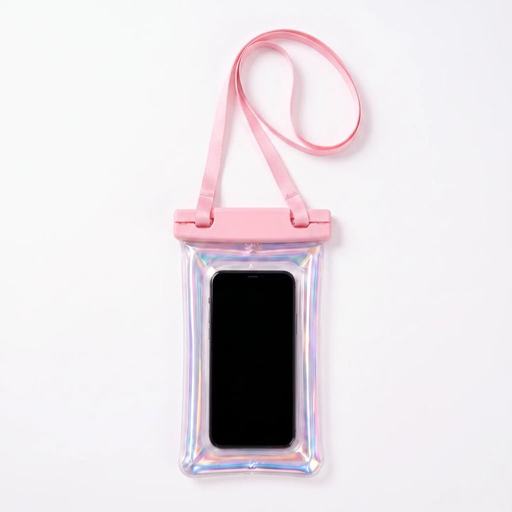 Touchscreen-friendly clear phone bag with neck strap for water resistant outdoor use.